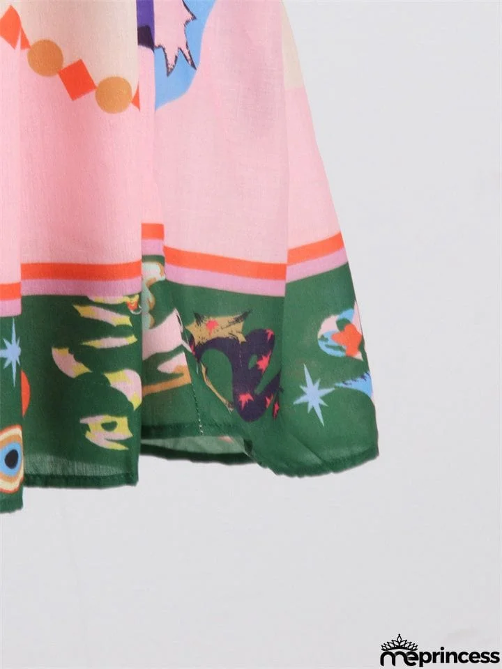 Bohemian Casual Lapel Button Lantern Sleeve Printed Ladies Dress