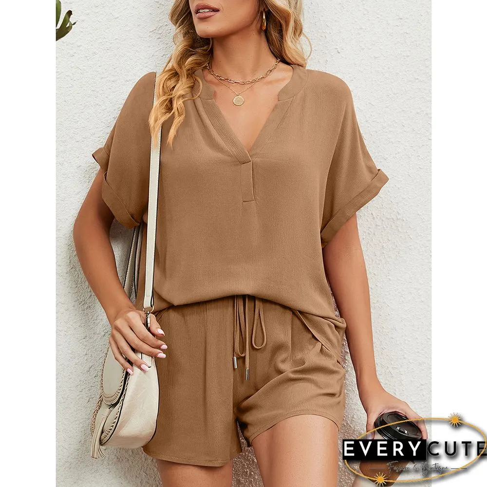 Khaki V Neck Top And Short Lounge Set