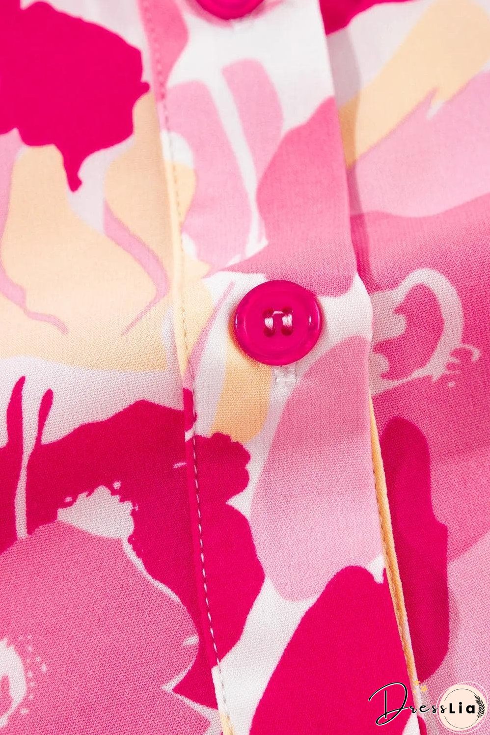 Pink Blooming Floral Print Puff Sleeve Buttoned Shirt