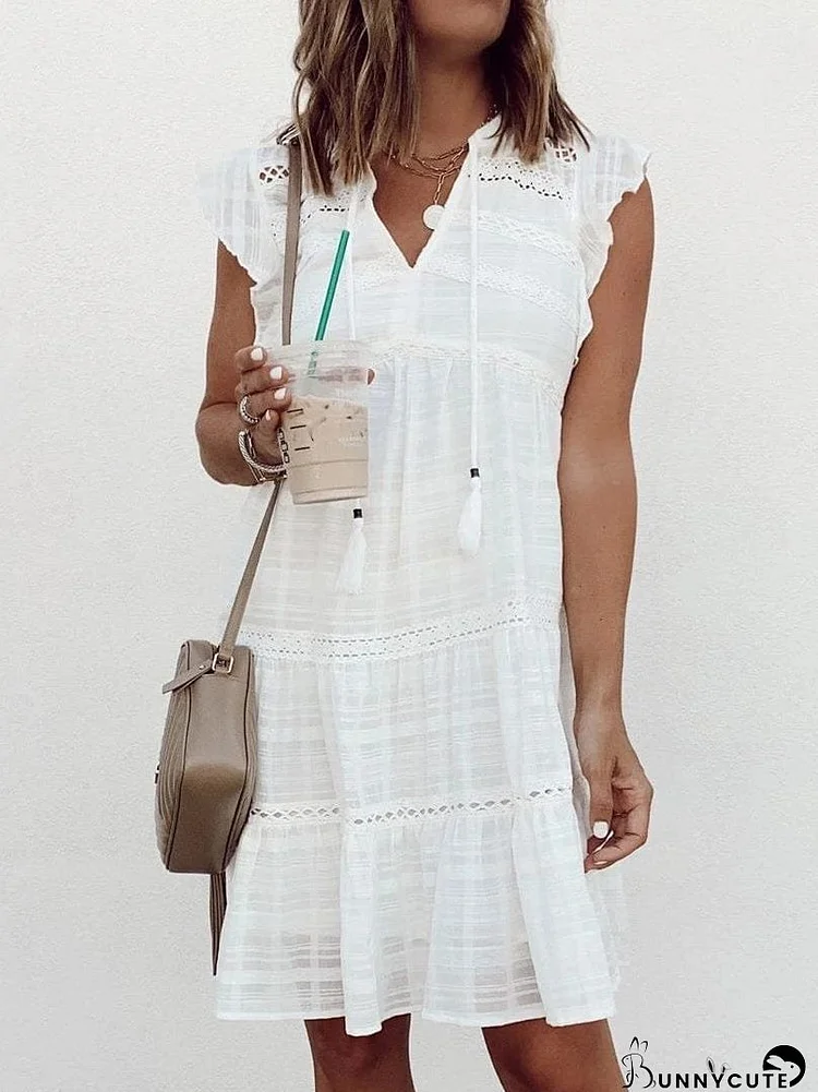 Fringed V-neck Ruffle Sleeve Dress