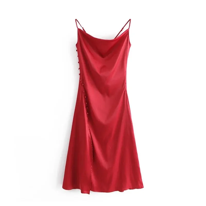 Za Women's Dresses Solid Silk High Waist Partys Dress Mujer Autumn Pink V Neck Split Dress Spaghetti Strap Sexy Evening Robes