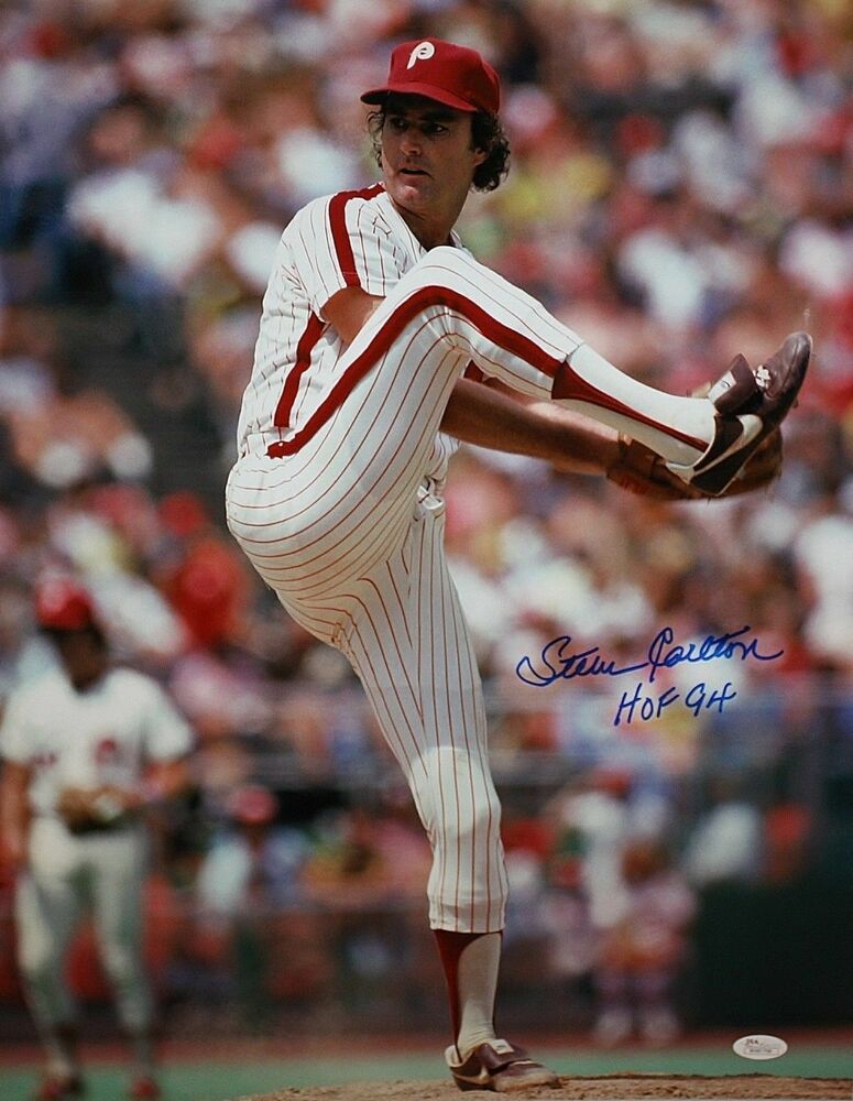 Steve Carlton Autographed Phillies 16x20 Pitching Photo Poster painting w/ HOF- JSA W Auth *Blue