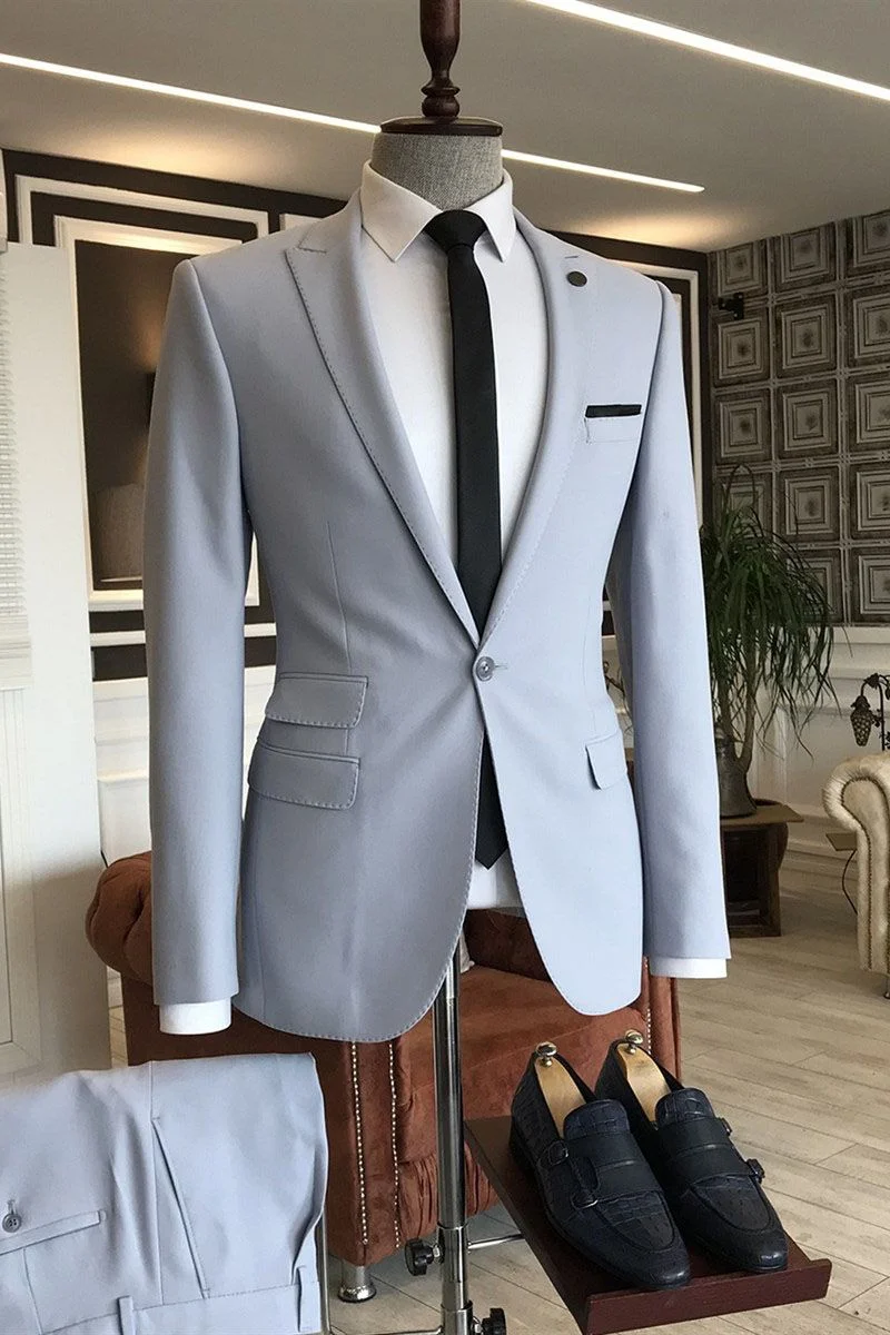 Simple One Button New Western Suits For Wedding Silver Peaked Lapel With 3 Flaps