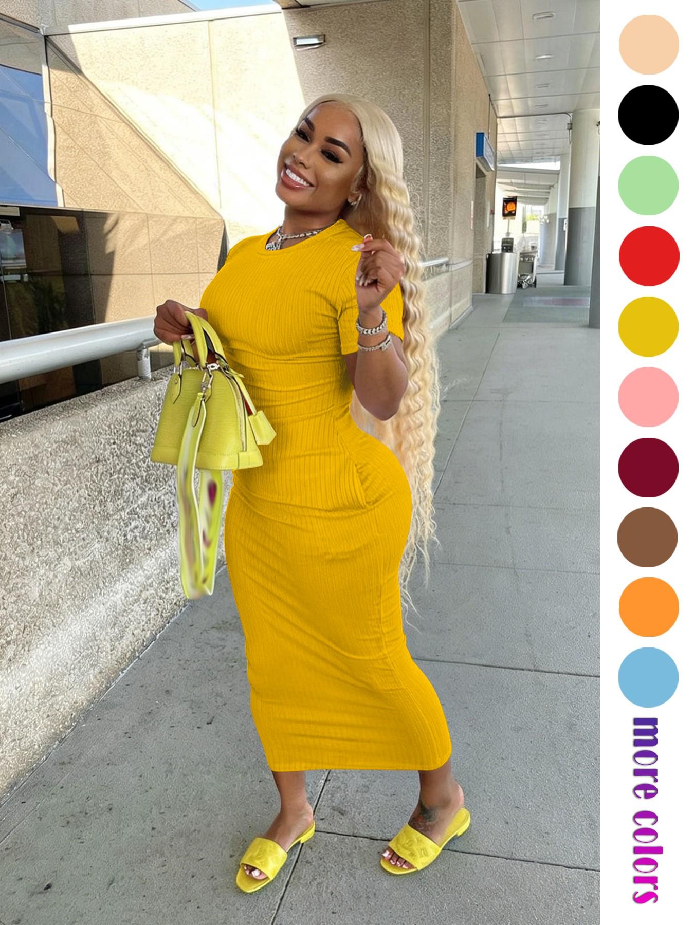 Threaded Elastic Solid Color Bodycon Dress, Breathable Elastic Party Outing Travel Pocket Long Dress, Summer Dress, Everyday Casual Wear, Womenswear