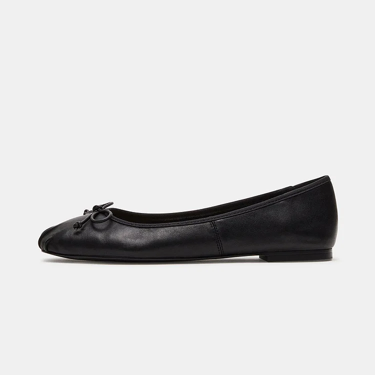 Classic Square Toe Bow Embellishment Ballet Flats in Black |FSJ Shoes