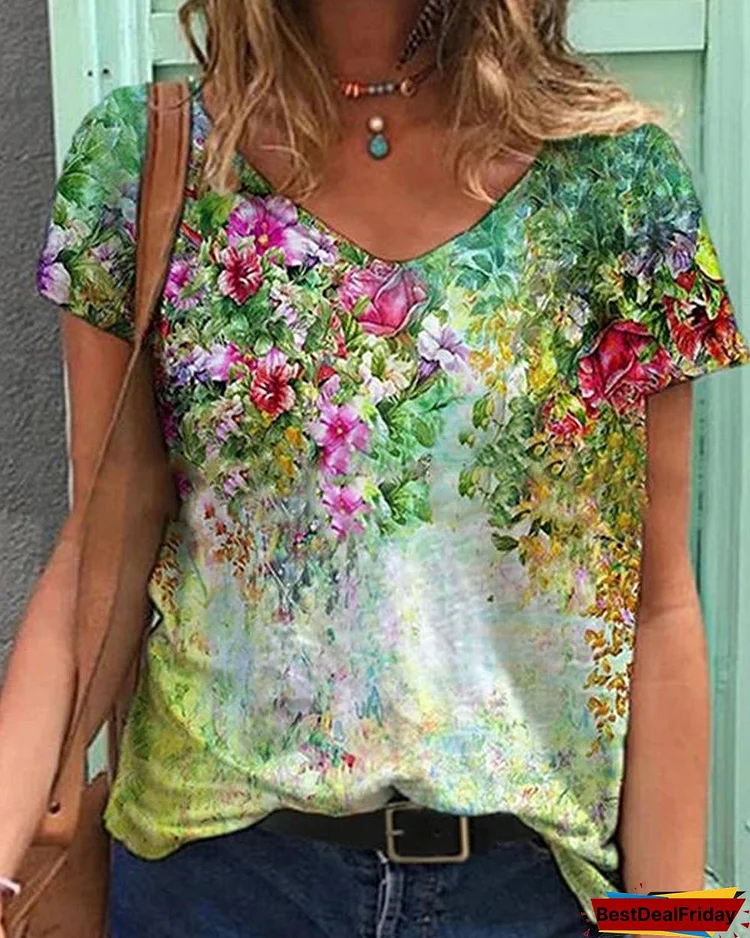 Colorful Flower Painting V Neck Short Sleeve Shirts & Tops