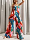 Spaghetti-Neck Contrast Color Backless Loose Jumpsuit
