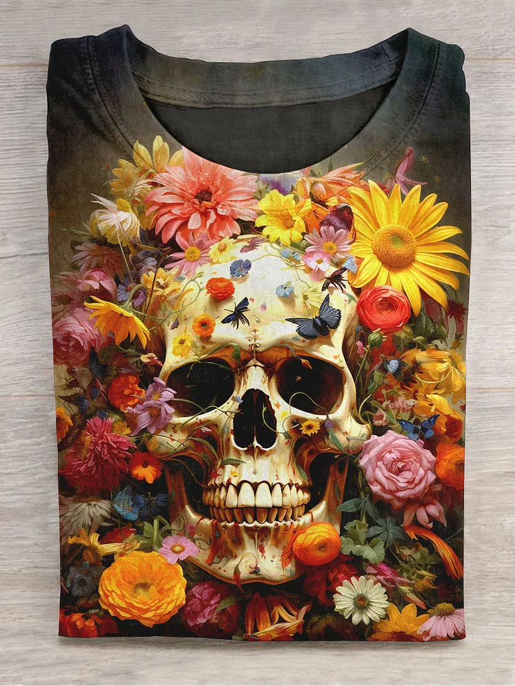 Unisex Floral Skull Art Print Round Neck Short Sleeve T-Shirt