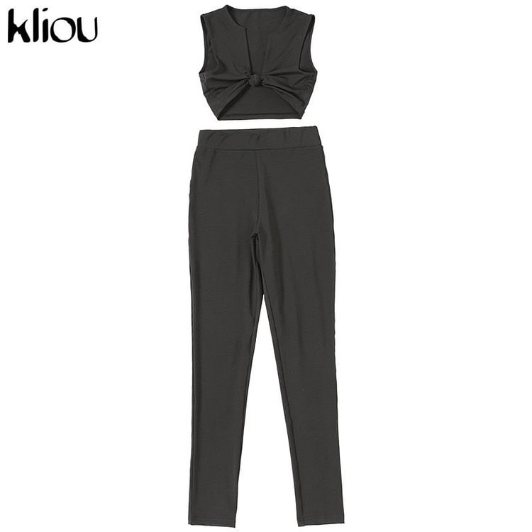 Kliou Stacked Two Piece Set Women V Neck Tracksuits Fitness Matching Sets Crop Tops Leggings Jogging Sportswear Workout Outfits - BlackFridayBuys