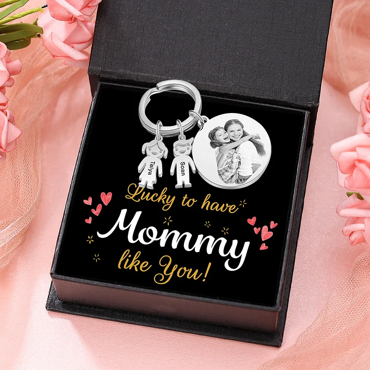 2 Names - Personalized Photo Keychain with Kid Charm Custom Text Keyring Gifts for Father/Mother