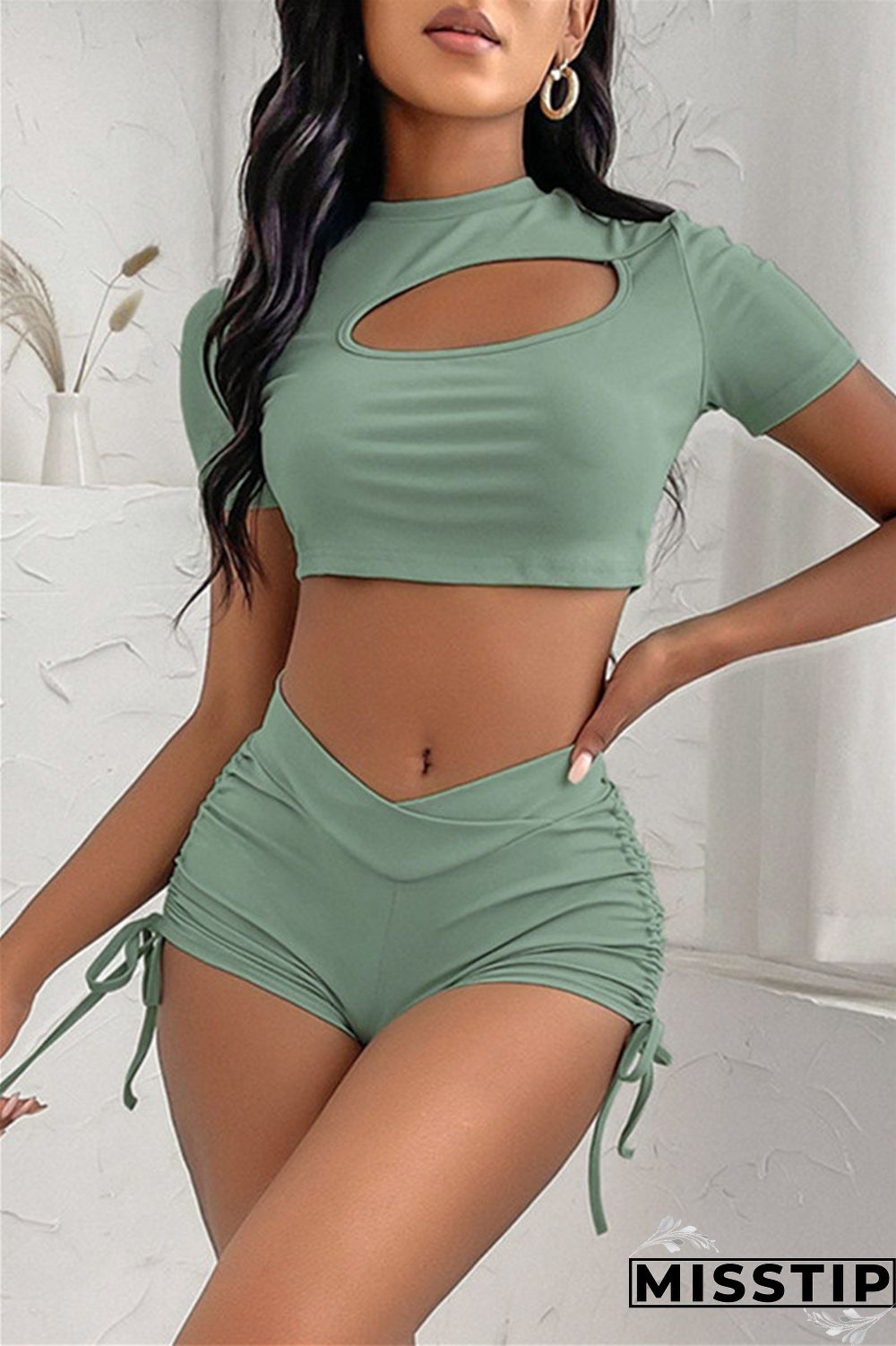 Blue Casual Sportswear Solid Hollowed Out Draw String O Neck Short Sleeve Two Pieces