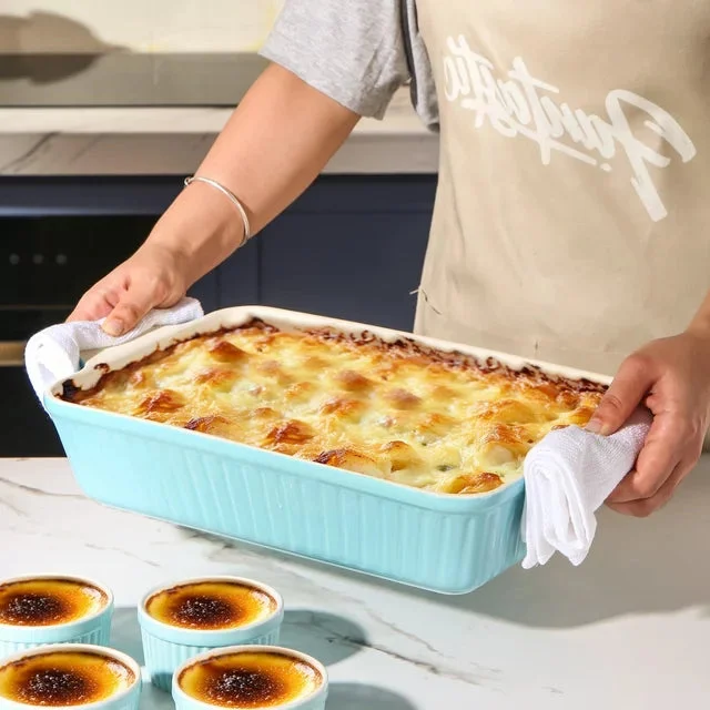 DOWAN Casserole Dish and Ramekins, Ceramic Baking Dish with Handles and 4oz Ramekins set of 4, 135 oz Deep Baking Pan for Turkey, Porcelain Ramekins Bowls for Creme brulee Souffle,Lake Blue