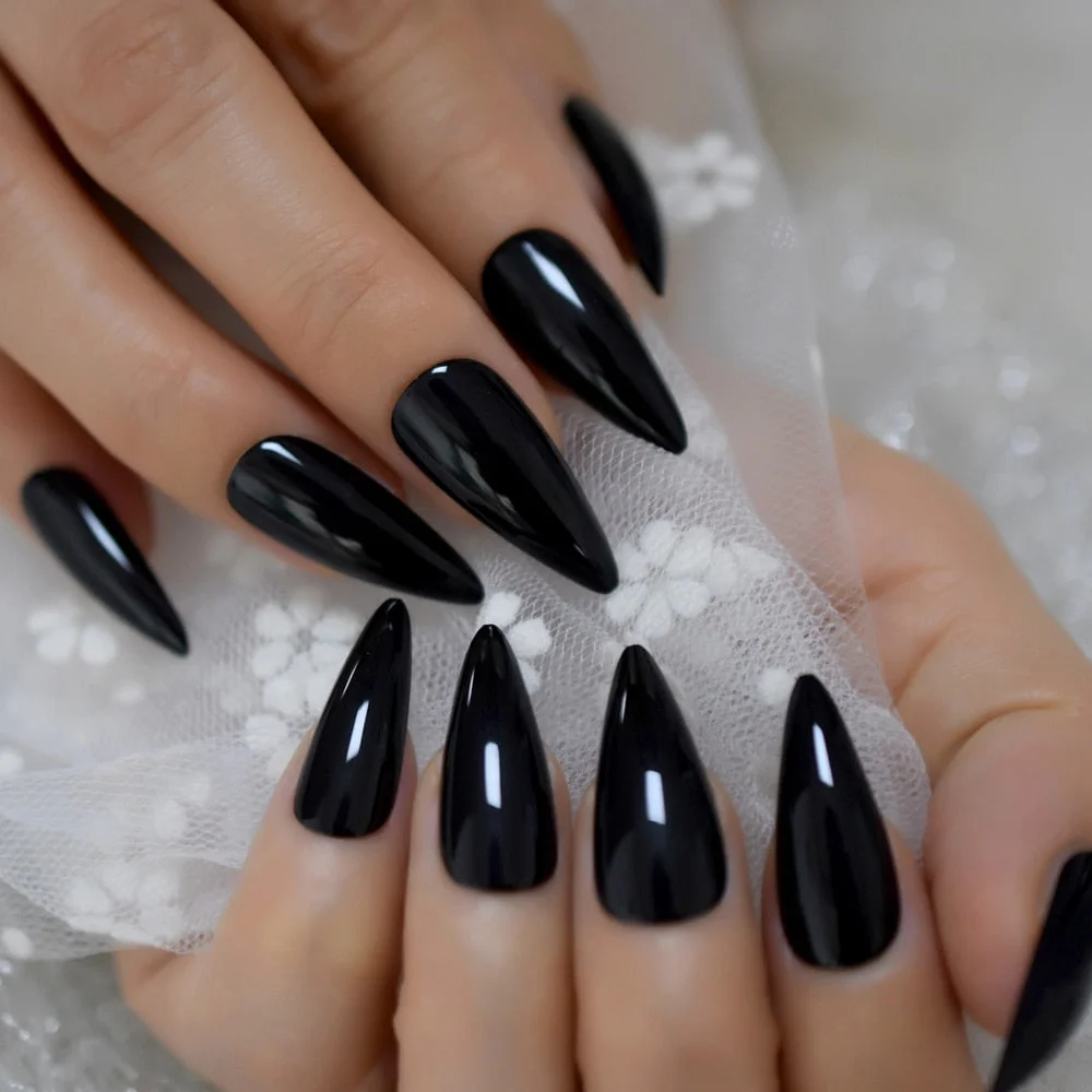 Sharp Pointed Fake Nails Black Gelnails Medium-Long Size Real Stiletto Point Acrylic Nail Tips 24