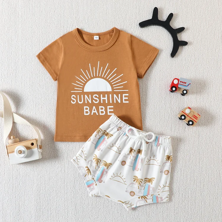 Baby Toddler Girl Sunshine Print Short Sleeve T-shirt and Printing Shorts Set