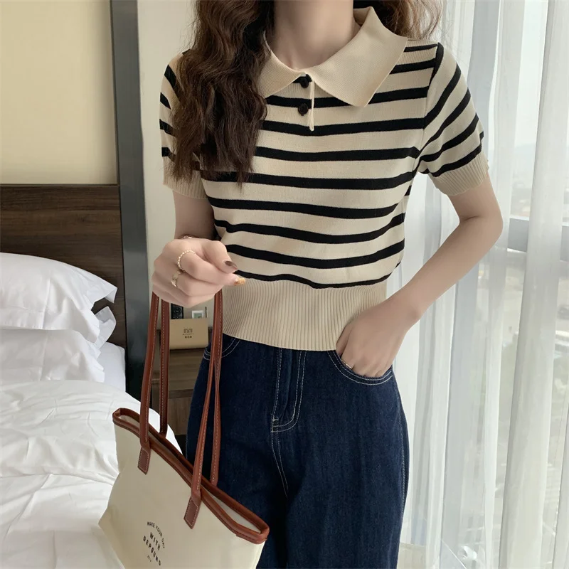 Uveng Uveng T-Shirt Design Sense Of Summer Korean Chic Hong Kong Chic Straight Shoulder-Repair Striped Knitting Top In Tide