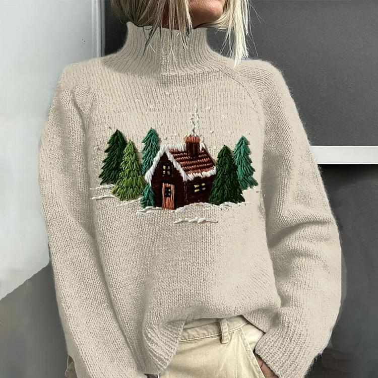 Embroidery Christmas Tree Art Print Knit Turtleneck Pullover Sweater