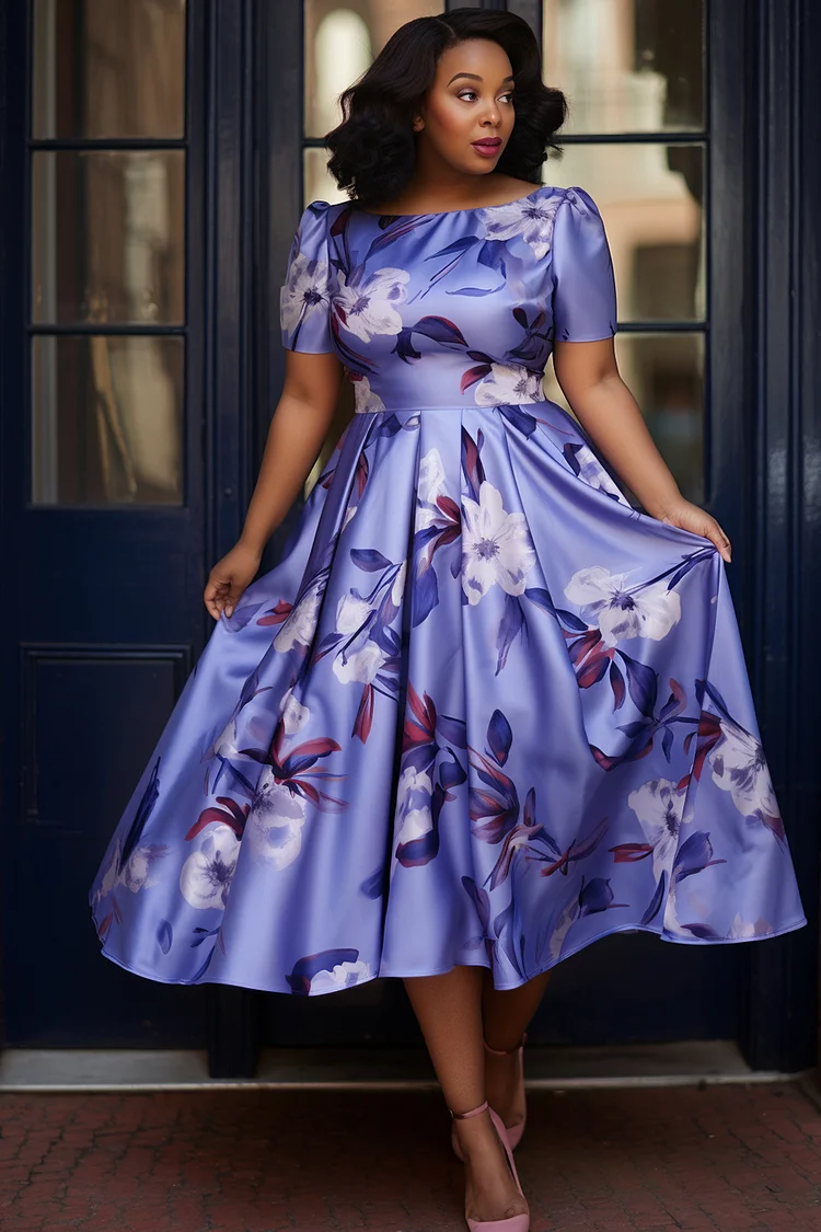 Xpluswear Design Plus Size Wedding Guest Purple Floral Boat Neck Short Sleeve Midi Dresses [Pre-Order] 2024 - Xpluswear