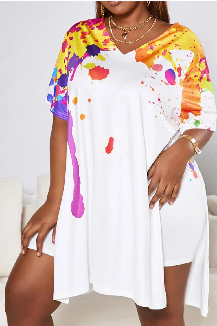 Plus Size White Daily Splash Ink Design Side Split Two Pieces Short Sets 