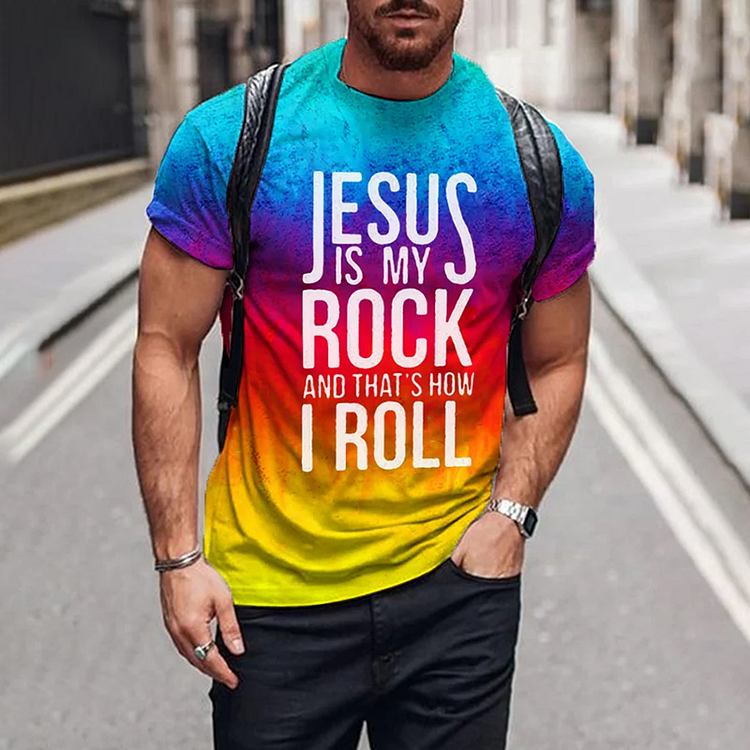BrosWear Colorful Jesus Is My Rock And That'S How I Roll Print T-Shirt