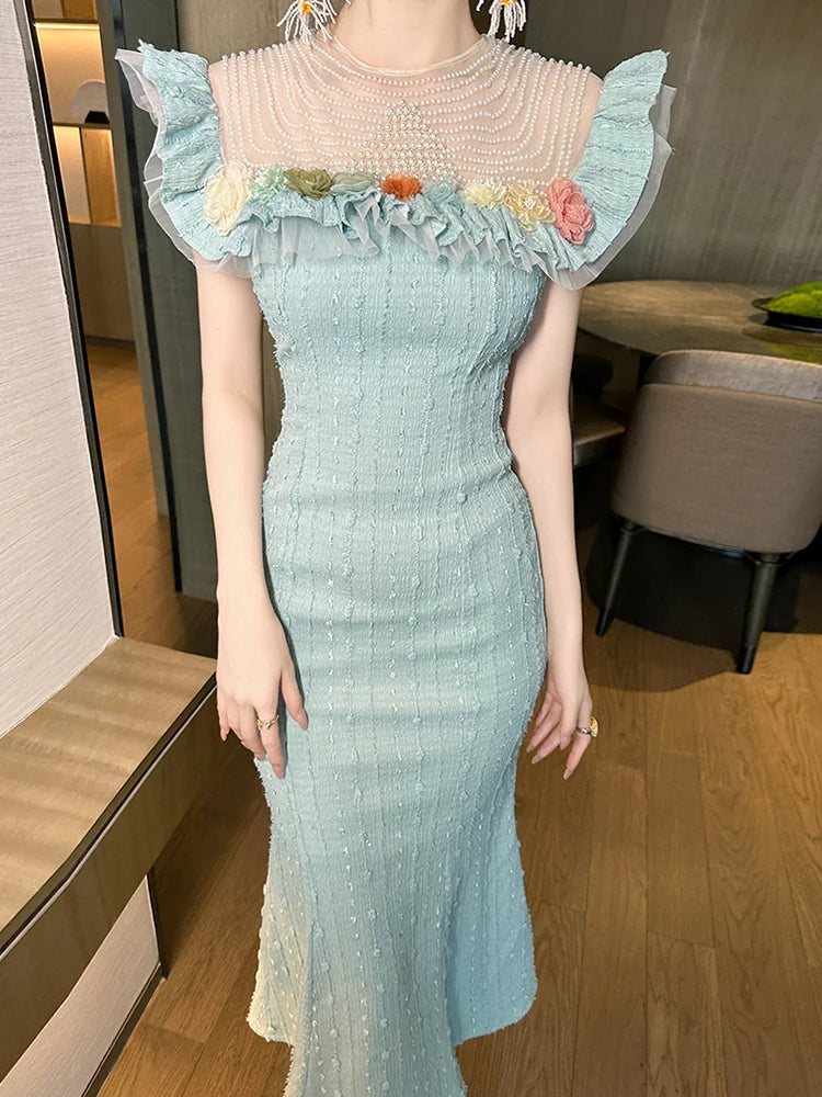 Elegant Ball Dress Delicate French Pearl O-neck Flowers Ruffles Fishtail Robe Birthday Party Banquet Vestidos Mujer Aiertu