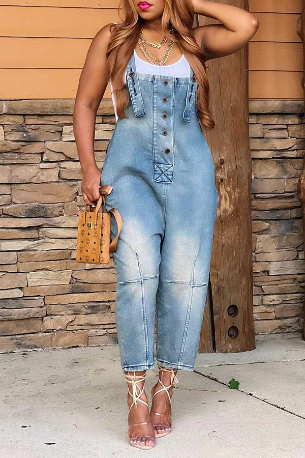 Guchioe Fashion Casual Designer Style Denim Suspender Jumpsuit