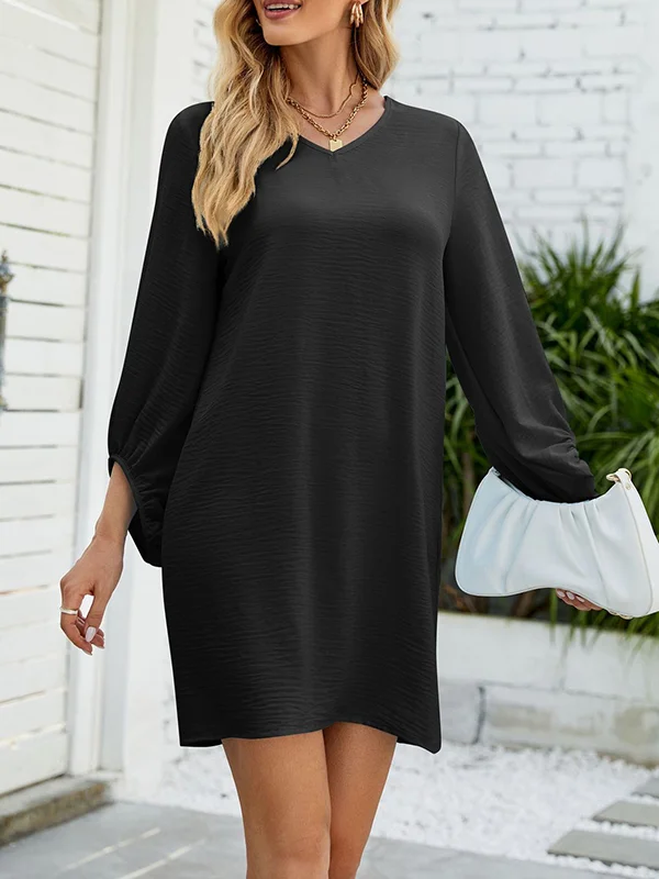 Loose Puff Sleeves Ruffled Solid Color V-Neck Mini Dresses
