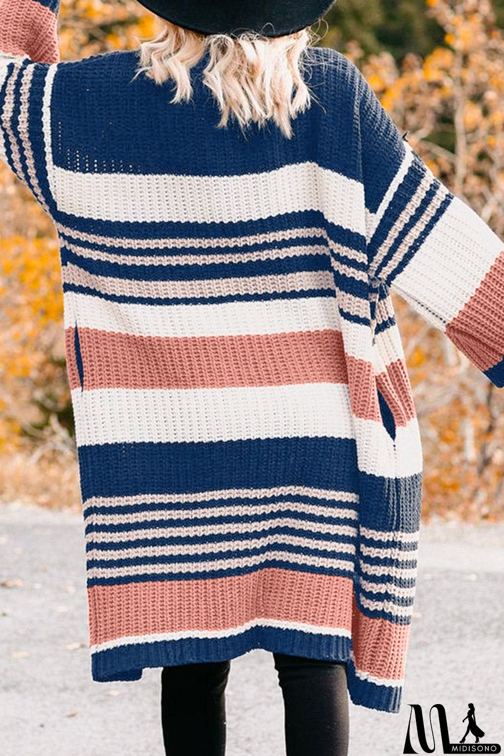 MidiSono - Pocketed Novelty Striped Chenille Cardigan