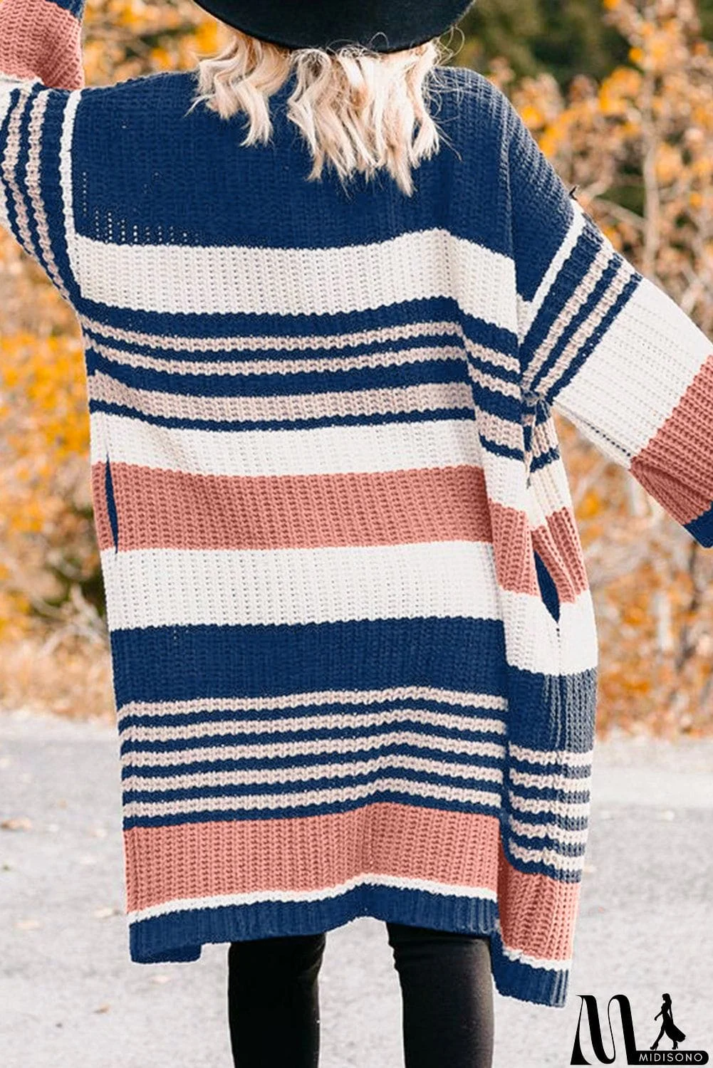 MidiSono - Pocketed Novelty Striped Chenille Cardigan