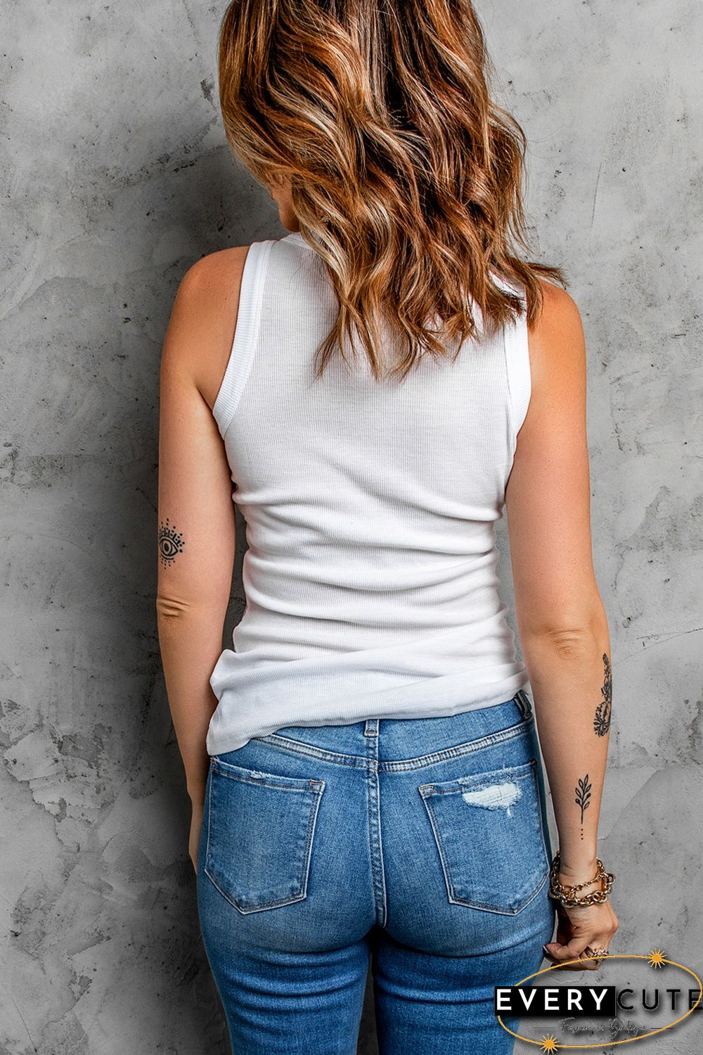 White LOVE Plaid Clover Print Ribbed Crew Neck Tank Top