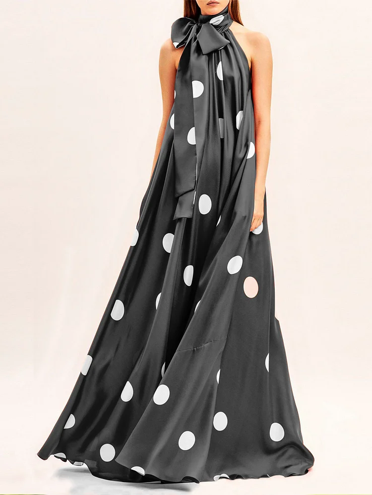 Elegant Polka Dot Print High Neck Bowknot Sleeveless Maxi Dress