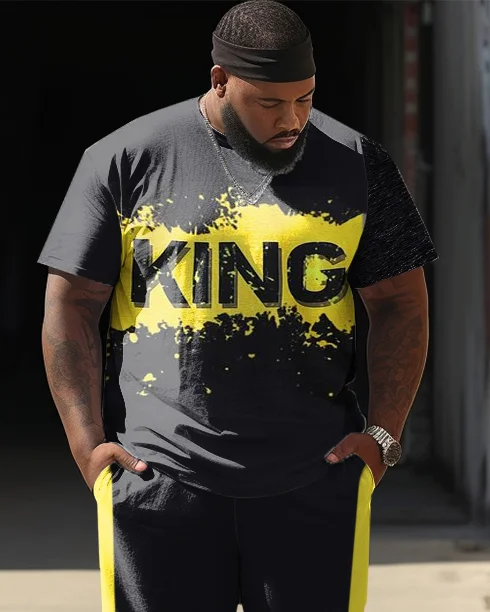 Men's Plus Size King Graffiti Splash-Ink Casual Street Short-Sleeved Trousers Casual Two-Piece Set