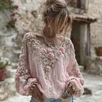 Women's Vintage Pink Flower Embroidery Art Round Neck Long Sleeve Linen Blend T-shirt - Image 3