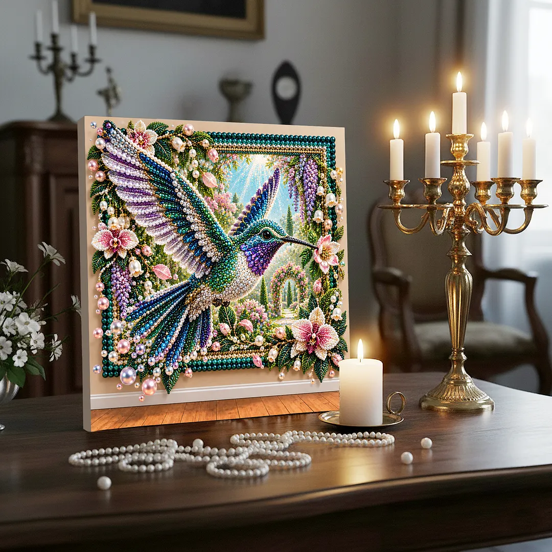 Framed Pearl Painting Kit Hummingbird Garden for Adults 12x12in