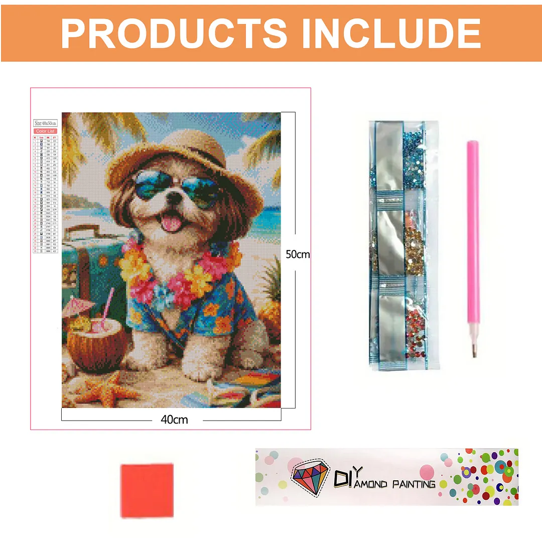 Beach Vacation Puppy 5D DIY Full Square Drill Diamond Painting Kits for Adults Beginners Home Decor Diamonds Dots Gem Art Kits Diamonds Paintings Gem Art 17.72x21.65inch
