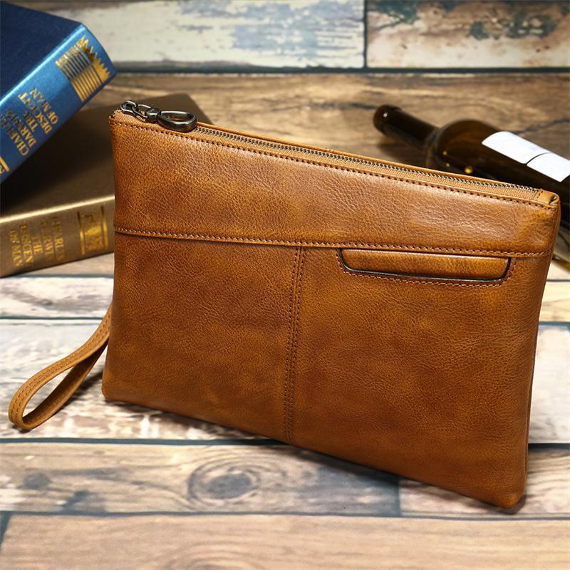 Simple Leather Casual Solid Color Zipper Design Business Clutch