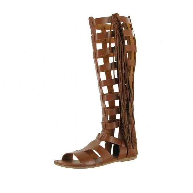 Brown Vintage Fringe Roman Sandals Flats Gladiator Sandals |FSJ Shoes