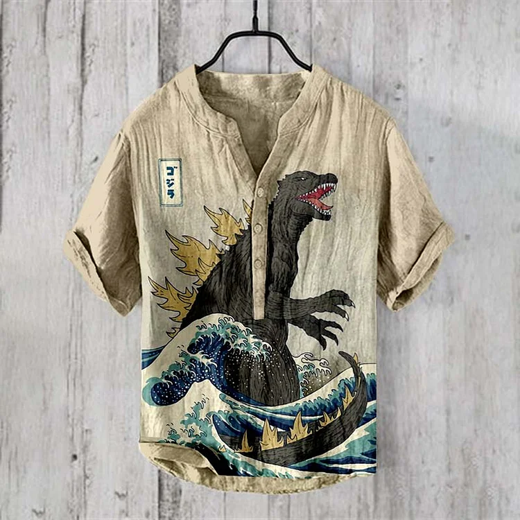 Japanese Ukiyoe Wave And Monster Art Linen Blend Shirt