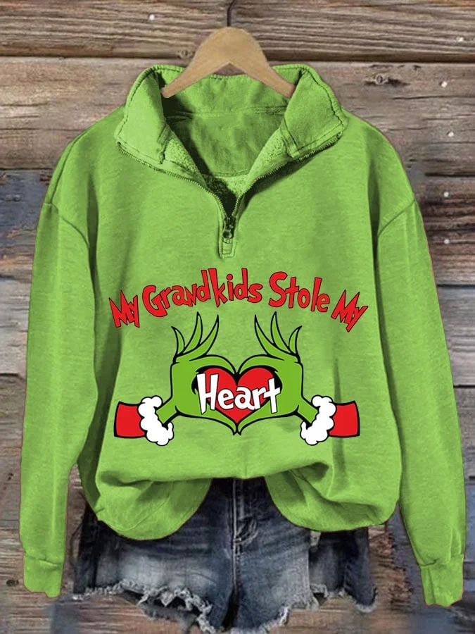 Women's My Grandkids Stole My Heart Christmas Print Zip Casual Sweatshirt