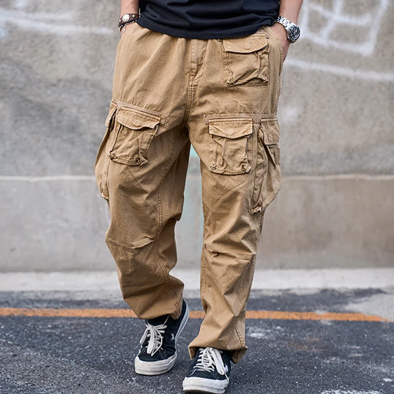 Retro Heavy Industry Multi-Pocket Washed Straight Leg Cargo Pants