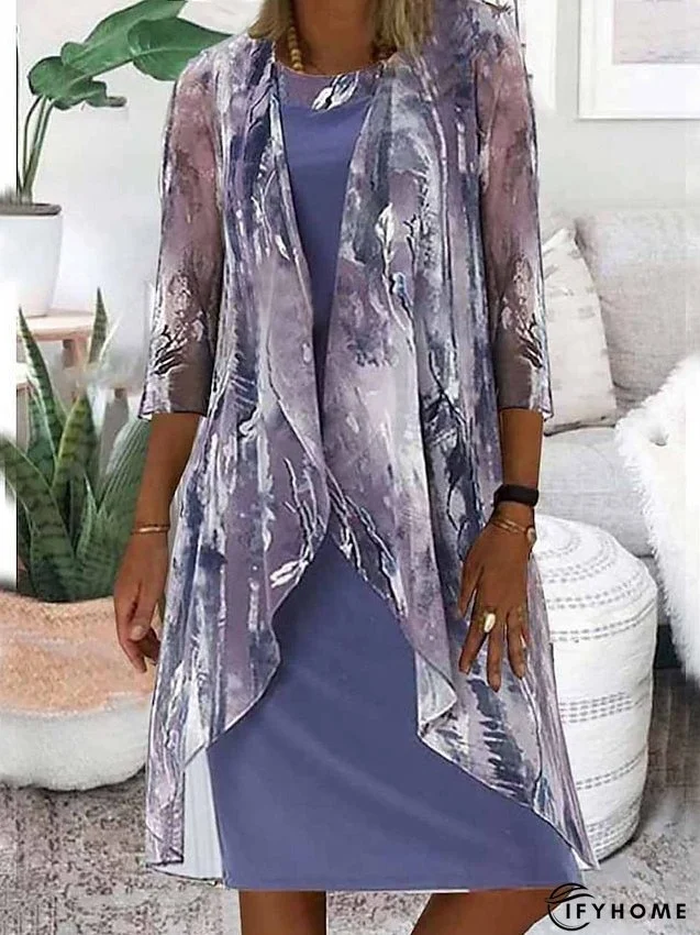 Two Piece Dress Set Sheath Dress Print Dress Daily Vacation Fashion Modern Mesh Print Midi Dress U Neck 3/4 Length Sleeve Tie Dye Print Regular Fit Purple Summer Spring S M L XL XXL for Women | IFYHOME