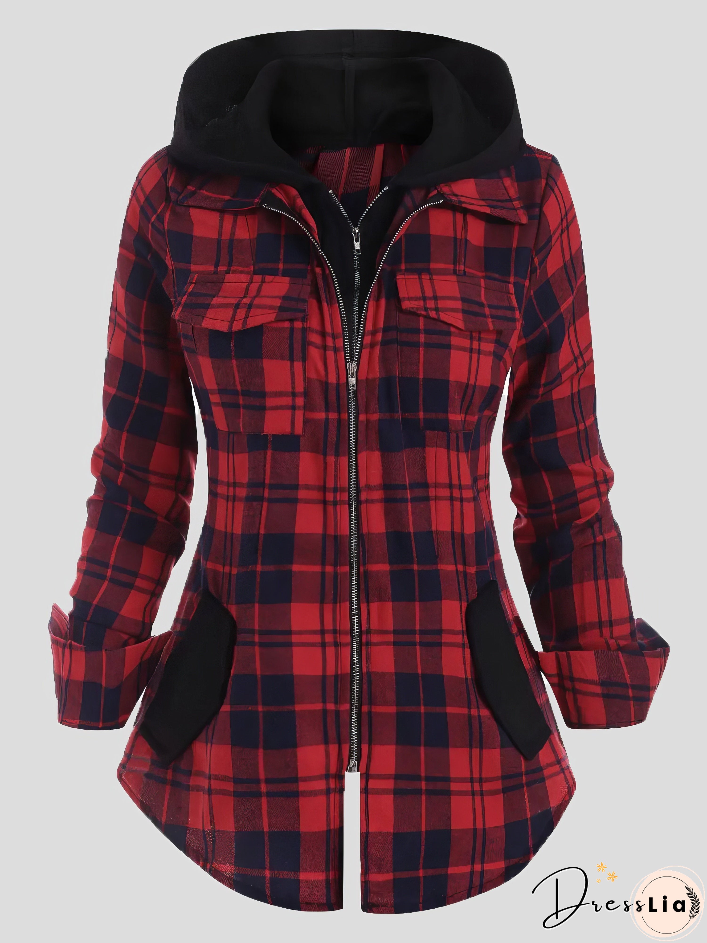 Plaid Pocket Zipper Long Sleeve Hooded Coats