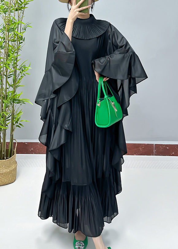 VCSHOES Loose Black Solid Ruffled Cotton Dresses Butterfly Sleeve