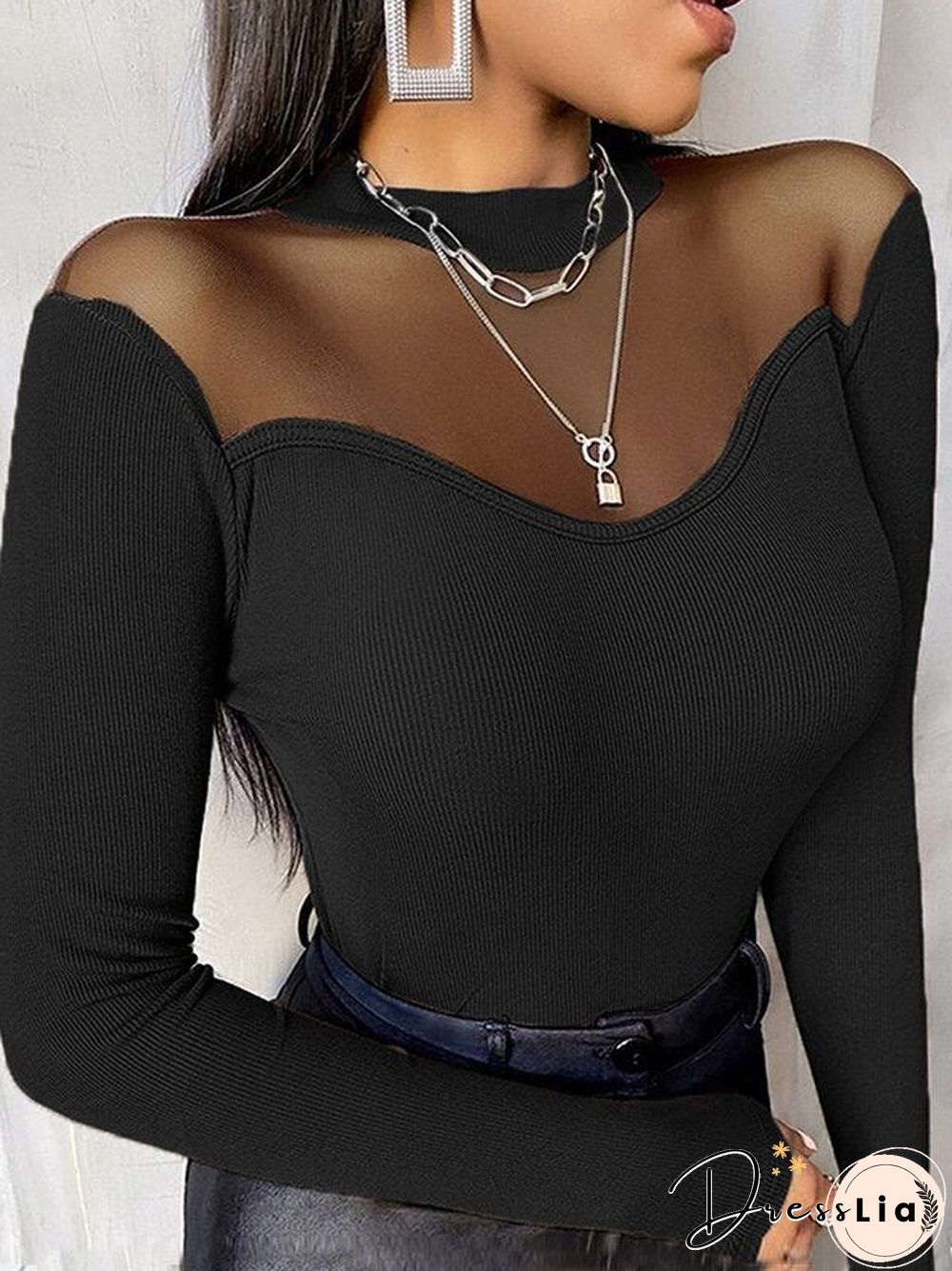 Solid Color Elegant Office Lady Women Slim Fit Tops Long Sleeve Round Neck Mesh Patchwork T-Shirt Sexy Female Black Clothes