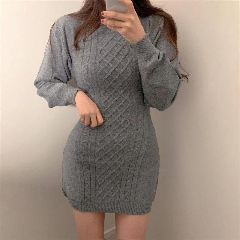 Korean Autumn Winter Knitted Dress Women  Open Back Slim Wrap Hip Sweater Dresses Streetwear Bodycon Mini Dress