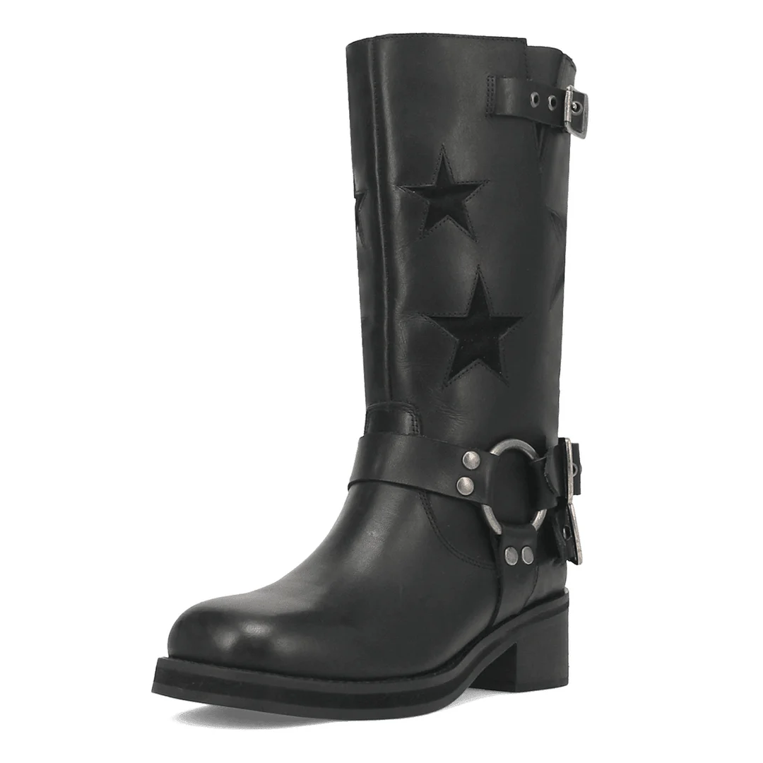 Vegan Leather Star Inlay Studded Buckle Strap Block Heel Black Boots