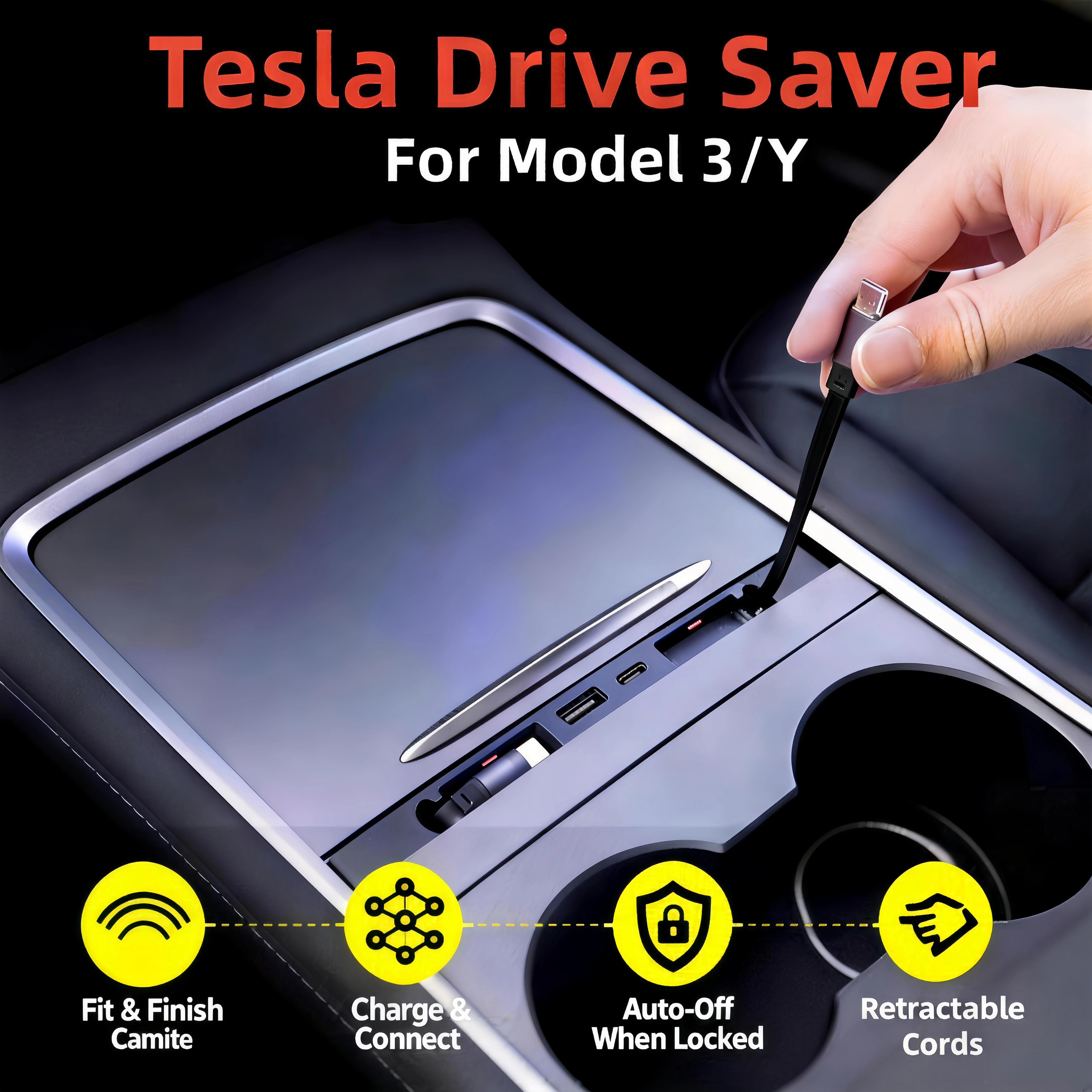 Retractable USB Hub for Tesla Accessories Multi-Port Model 3/Y Concealed Docking Station with Dustproof Sliding Cover and Quick Charging Model Y 2021-2026 and Model 3 2021-2025 （Compatible with Juniper and Highland）