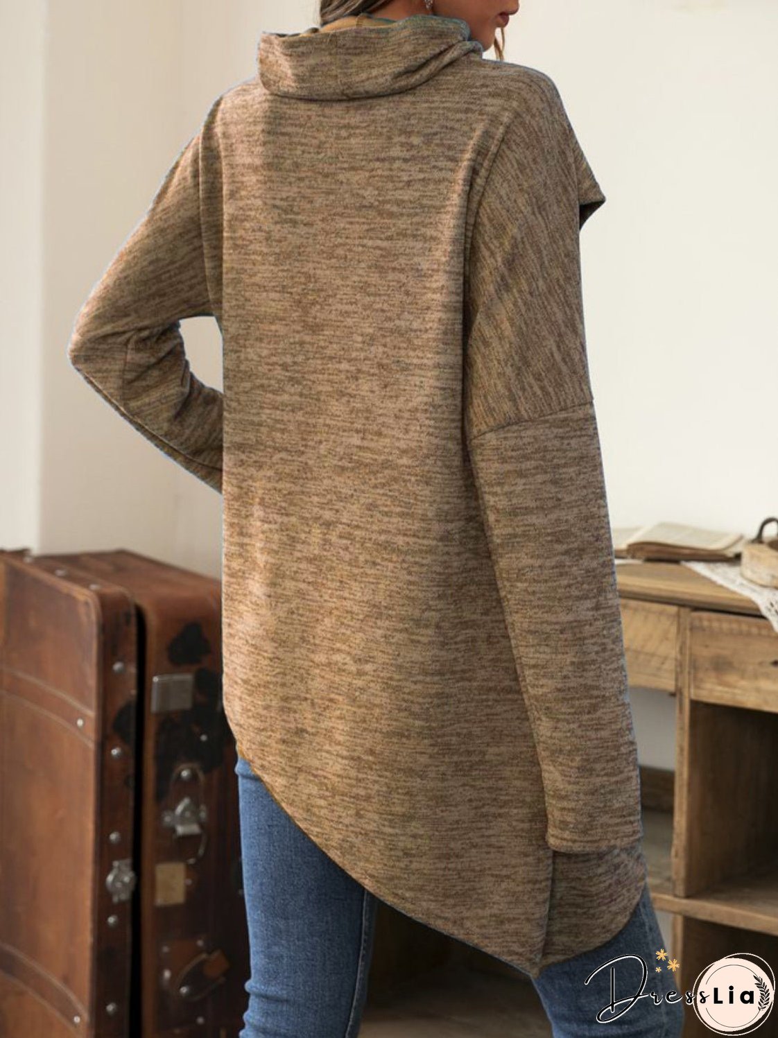 Asymmetrical Hem Cowl Neck Long Sleeve T-Shirt