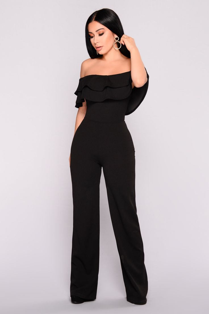 Lvs&Broner Black Off the Shoulder Strapless High Waist Long Wid-Leg Jumpsuit with Ruffles
