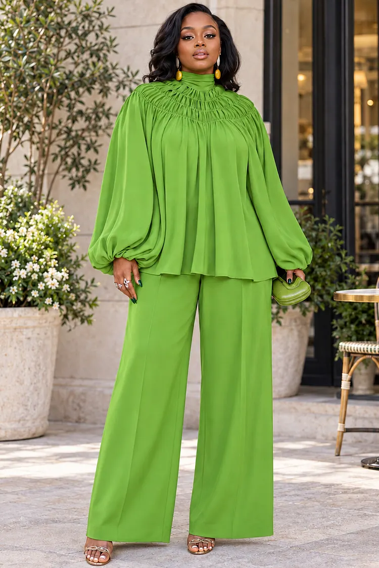 Xpluswear Design Plus Size Business Casual Green Mock Neck Lantern Sleeve Long Sleeve Smocking Two Piece Pant Sets [Pre-Order] 2024 - Xpluswear