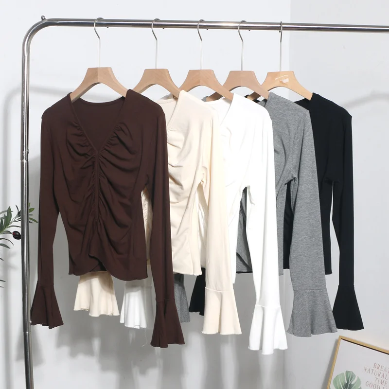 Uveng Real Shooting 2024 Autumn Dress Sexy V-Neck Folded Open Fork Short High-Waisted T-Shirt Horn Long Sleeve Bottom Top 161